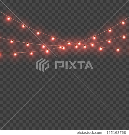 Christmas Red Glowing Crossed String Lights Border on Transparent Background. Vector 135162768