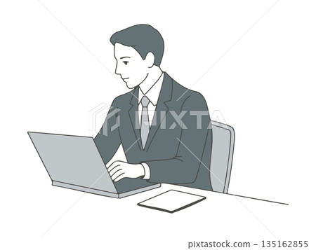 Illustration material of a man in a suit working at a desk using a laptop 135162855