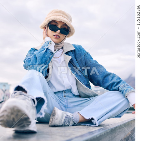 Portrait, fashion or eyewear with an islamic woman outdoor in a cap and scarf for contemporary style. Muslim, faith or hijab with a trendy young arab female person posing outside in modern sunglasses 135162866