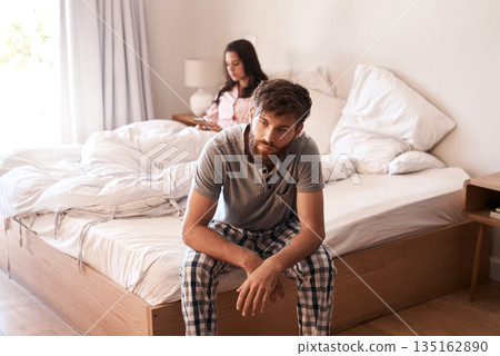 Home bed, man and couple with problem, marriage conflict or stress over mistake, life fail or insomnia. Mental health risk, mistake and person depressed, sad and thinking about divorce in bedroom Home bed, man and couple with problem, marriage conflict or stress over mistake, life fail or insomnia. Mental health risk, mistake and person depressed, sad and thinking about divorce in bedroom 135162890