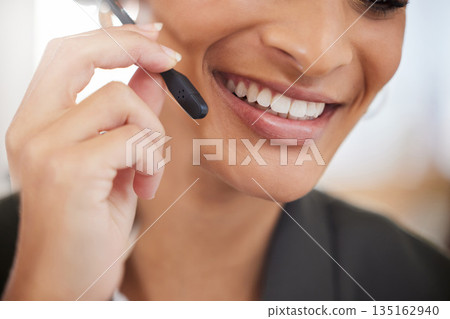 Woman, call center and mouth or smile for customer service, support and telemarketing. Face closeup of african female agent or consultant with microphone for sales, crm or help desk for communication Woman, call center and mouth or smile for customer service, support and telemarketing. Face closeup of african female agent or consultant with microphone for sales, crm or help desk for communication 135162940
