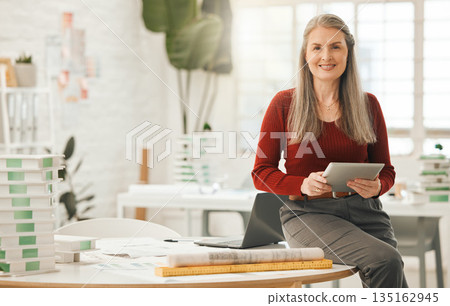 Architecture, tablet and portrait of senior woman in office for engineering, internet and buildings. Digital, construction and creative with designer for project management, website and technology Architecture, tablet and portrait of senior woman in office for engineering, internet and buildings. Digital, construction and creative with designer for project management, website and technology 135162945