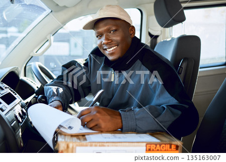 Black man, portrait and writing in car delivery, box or package in logistics, shipping or transportation. Happy African male person or courier with smile filling form or cargo application in transit Black man, portrait and writing in car delivery, box or package in logistics, shipping or transportation. Happy African male person or courier with smile filling form or cargo application in transit 135163007