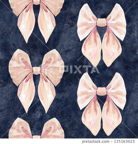 Watercolor decorative bow, seamless pattern blush nude tones on blue background. Elegant hand-painted ribbon element for fashion design, wedding stationery, gift wrapping, branding, feminine decor Watercolor decorative bow, seamless pattern blush nude tones on blue background. Elegant hand-painted ribbon element for fashion design, wedding stationery, gift wrapping, branding, feminine decor 135163023