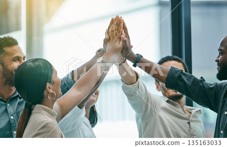High five, business people and group success, support and teamwork for company sales, meeting goals and winning. Yes, celebration and women, men or team hands together for helping, target and circle 135163033