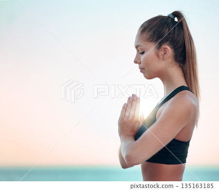 Yoga, praying hands and woman sky mockup for spiritual wellness, holistic meditation and peace or outdoor health. Calm, faith and prayer sign or hope of young person meditate, namaste or zen at ocean Yoga, praying hands and woman sky mockup for spiritual wellness, holistic meditation and peace or outdoor health. Calm, faith and prayer sign or hope of young person meditate, namaste or zen at ocean 135163185