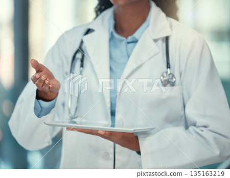 Closeup, doctor and black woman with a digital tablet, telehealth and connection in a hospital, network and research. Female person, medical professional or employee with technology, app and analysis Closeup, doctor and black woman with a digital tablet, telehealth and connection in a hospital, network and research. Female person, medical professional or employee with technology, app and analysis 135163219