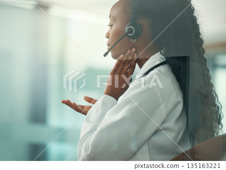 Call center, healthcare support and doctor for telehealth service, thyroid exam and virtual consultation. African woman or medical agent on video chat consulting, helping or sick advice for throat 135163221