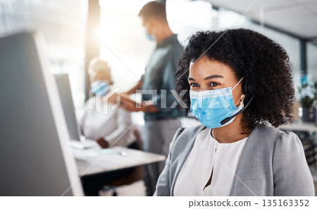 Call center, agent and woman with a mask, telemarketing and consulting with safety, protection and customer service. Female person, agent and consultant with face cover, regulations and tech support Call center, agent and woman with a mask, telemarketing and consulting with safety, protection and customer service. Female person, agent and consultant with face cover, regulations and tech support 135163352