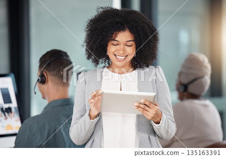 Call center, tablet and business woman smile for customer service, support or telemarketing. Technology, sales agent and African female consultant working at help desk for crm, email and advisory app 135163391