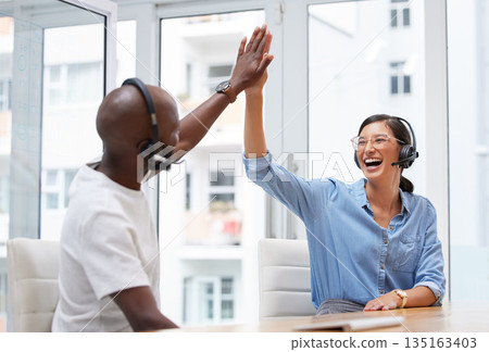 Call center, high five and people success, teamwork or coworking support, winning or celebrate in office. Happy diversity staff, partner or woman hands together om telemarketing sales, target or goal Call center, high five and people success, teamwork or coworking support, winning or celebrate in office. Happy diversity staff, partner or woman hands together om telemarketing sales, target or goal 135163403