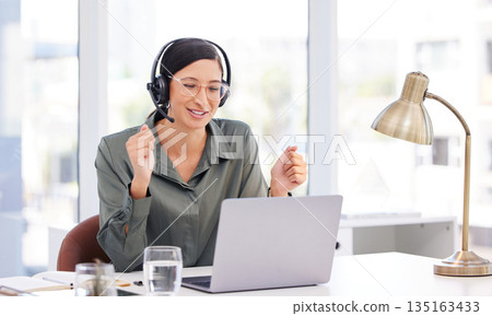 Call center, computer and woman winning, success and celebration for target, sales and telecom results or news. Happy web agent, telemarketing worker or person reading laptop with yes, goal and fist Call center, computer and woman winning, success and celebration for target, sales and telecom results or news. Happy web agent, telemarketing worker or person reading laptop with yes, goal and fist 135163433