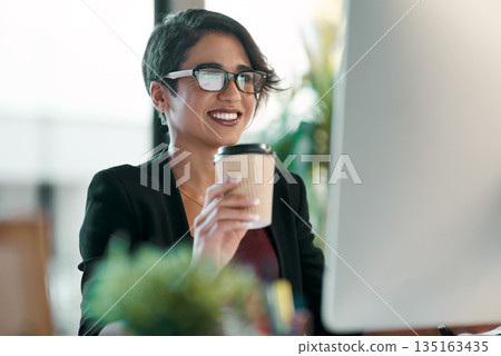 Business woman, happy and computer, coffee and working in office planning, online reading and editing in her office. Inspiration, creative ideas and professional worker or person review on desktop pc Business woman, happy and computer, coffee and working in office planning, online reading and editing in her office. Inspiration, creative ideas and professional worker or person review on desktop pc 135163435