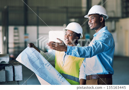 Black people, architect and blueprint in construction, planning or teamwork for project management on site. African man and woman contractor with floor plan and documents for industrial architecture 135163445