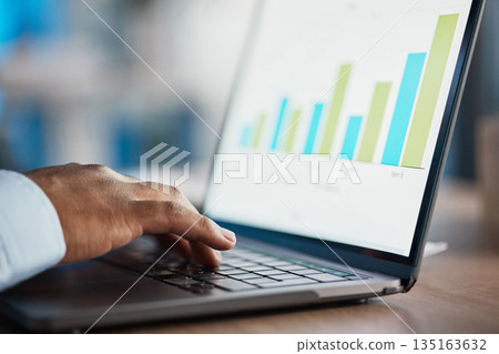 Hands, seo and typing on laptop graphs, working on project and internet infographics. Computer, marketing professional and business person with data, analytics and charts for advertising analysis. 135163632