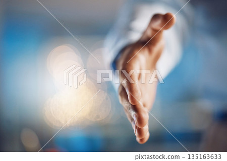 Business person, handshake and offer in success, partnership agreement or introduction, hiring and interview. Professional people shaking hands in pov meeting, night deal or onboarding and thank you 135163633