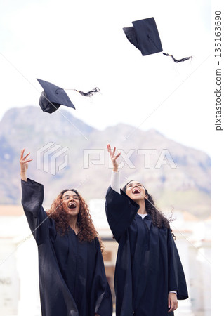 Graduation cap, excited friends and throw in air for celebration, study success and achievement on campus. University students, happy people or women celebrate for college, school and education Graduation cap, excited friends and throw in air for celebration, study success and achievement on campus. University students, happy people or women celebrate for college, school and education 135163690