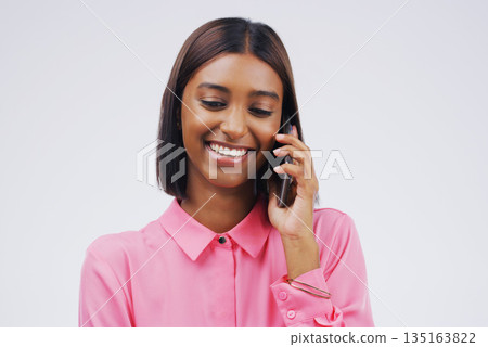 Phone call, laugh and Indian woman in studio smile for conversation, talking and funny chat. Communication mockup, white background and female person on smartphone for network, contact and connection 135163822