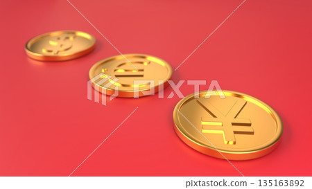 貨幣圖片，以日元為特色，紅色背景，金幣呈對角線排列。 135163892