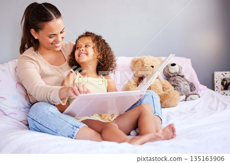 Storytelling, book and mother with daughter in bedroom for teaching, fantasy or creative in bed. Education, learning and love with woman reading to relax girl in family home for fairytale, literature 135163906