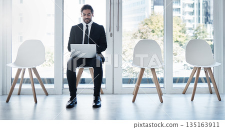 Business man, laptop and waiting room in queue, chair and typing for networking, research or hr recruitment. Businessman, computer and human resources for interview, hiring opportunity or internship Business man, laptop and waiting room in queue, chair and typing for networking, research or hr recruitment. Businessman, computer and human resources for interview, hiring opportunity or internship 135163911