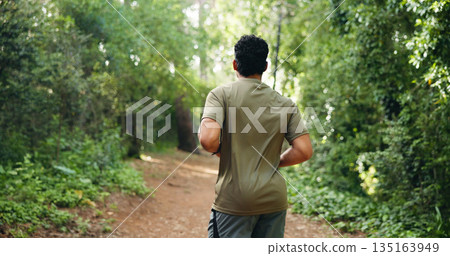 Man, running or exercise with back view in nature for workout, outdoor training or hiking. Active, male person or runner with path on trekking trail for fitness, health or wellness in forest or woods Man, running or exercise with back view in nature for workout, outdoor training or hiking. Active, male person or runner with path on trekking trail for fitness, health or wellness in forest or woods 135163949