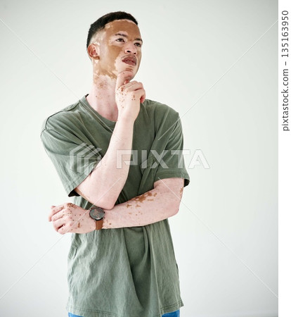 Memory, man against a white background and thinking for problem solving. Remember or thoughtful ideas, solution or contemplating and young male person against studio backdrop for inspiration. Memory, man against a white background and thinking for problem solving. Remember or thoughtful ideas, solution or contemplating and young male person against studio backdrop for inspiration. 135163950