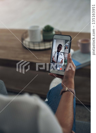 Phone, video call consulting with a doctor and a patient in the home for healthcare, medical or insurance. Telehealth, communication and remote with a person talking to a medicine professional online 135163951