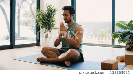 Mindfulness, yoga and man in home, namaste and meditation for inner peace, calm and wellness on mat. Zen, person and spiritual awareness for mental health, yogi and prayer hands for stress relief Mindfulness, yoga and man in home, namaste and meditation for inner peace, calm and wellness on mat. Zen, person and spiritual awareness for mental health, yogi and prayer hands for stress relief 135163955