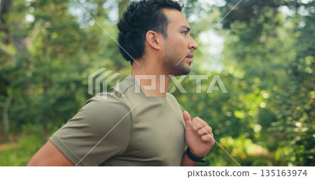 Fitness, workout and man in nature with jog, cardio and stamina training in sport challenge. Wellness, bokeh and athlete in forest with running, outdoor trail and endurance activity in Costa Rica. Fitness, workout and man in nature with jog, cardio and stamina training in sport challenge. Wellness, bokeh and athlete in forest with running, outdoor trail and endurance activity in Costa Rica. 135163974