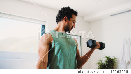 House, fitness and man with weights for workout, strength development or muscle gain for body building. Low angle, active or athlete training with bicep exercise, dumbbell or challenge for results House, fitness and man with weights for workout, strength development or muscle gain for body building. Low angle, active or athlete training with bicep exercise, dumbbell or challenge for results 135163996