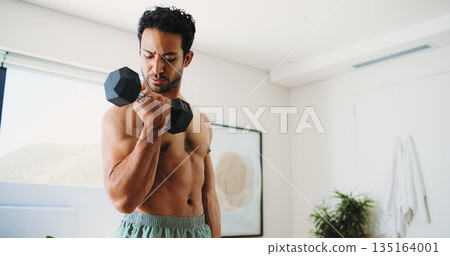 House, fitness and man with dumbbell for workout, strength development or muscle gain for body goals. Challenge, low angle or active athlete with bicep exercise, health or weightlifting for training 135164001