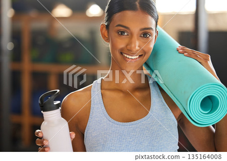 Mat, portrait or happy woman with bottle in gym ready for training, workout or exercise with smile. Fitness, athlete smiling or sports girl with water for healthy liquid hydration to start exercising Mat, portrait or happy woman with bottle in gym ready for training, workout or exercise with smile. Fitness, athlete smiling or sports girl with water for healthy liquid hydration to start exercising 135164008