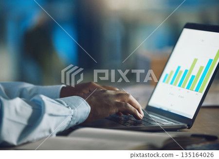 Hands, seo and typing on laptop with data, working on project and internet infographics. Computer, marketing professional and business person with graphs, analytics or charts for advertising analysis 135164026