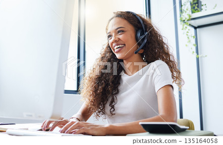 Call center, consulting and typing with woman in office for telemarketing, customer service and ecommerce help desk. Advisory, sales and contact us with female consultant at computer for crm agent Call center, consulting and typing with woman in office for telemarketing, customer service and ecommerce help desk. Advisory, sales and contact us with female consultant at computer for crm agent 135164058