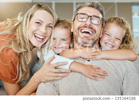 Parents, portrait and couch with hug, kids and smile with love, bonding and care in family home together. Father, mother and daughters with happiness, embrace and relax on living room sofa in house Parents, portrait and couch with hug, kids and smile with love, bonding and care in family home together. Father, mother and daughters with happiness, embrace and relax on living room sofa in house 135164186
