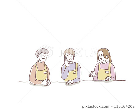 Three women wearing aprons having a conversation Three women wearing aprons having a conversation 135164202