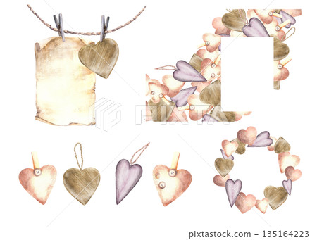 Watercolor Vintage hearts Valentines day love set with lilac, beige, brown hearts hanging on a rope. Round or square greeting card template, frame. Hand drawn illustration isolated on white background 135164223