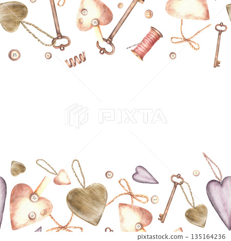 Watercolor Hearts, Buttons, thread spool, vintage keys and bow seamless frame. Needlework, handicrafts or Valentines day cute card, horizontal border. Hand drawn illustration isolated from background 135164236