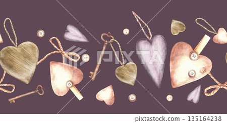 Watercolor vintage hearts, bows, antique key, buttons seamless border. Beige, lilac love symbol, birthday card. Valentines day cute repeating design. Hand drawn Illustration. Isolated dark background Watercolor vintage hearts, bows, antique key, buttons seamless border. Beige, lilac love symbol, birthday card. Valentines day cute repeating design. Hand drawn Illustration. Isolated dark background 135164238