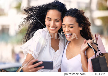 Selfie, phone and happy friends with shopping bag, photography and sale, discount or deal for outdoor retail. Women influencer, african people or customer with profile picture for fashion promotion Selfie, phone and happy friends with shopping bag, photography and sale, discount or deal for outdoor retail. Women influencer, african people or customer with profile picture for fashion promotion 135164394