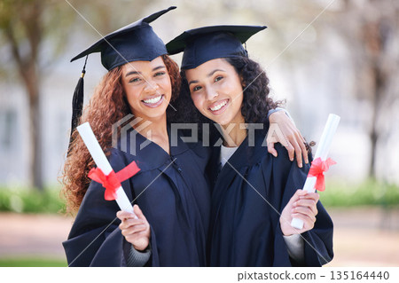Women friends, portrait and graduation certificate with smile, celebration and solidarity for success at college. University students, girl and hug with diploma, pride and excited for future at event Women friends, portrait and graduation certificate with smile, celebration and solidarity for success at college. University students, girl and hug with diploma, pride and excited for future at event 135164440