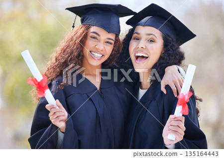 Graduation, education and portrait of friends at college with diploma certificate for learning, scholarship and achievement. Study, hug and university with students on campus for success and event Graduation, education and portrait of friends at college with diploma certificate for learning, scholarship and achievement. Study, hug and university with students on campus for success and event 135164443