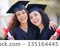 Graduation, hug and portrait of friends at college with diploma certificate for learning, scholarship and achievement. Study, education and university with students on campus for success and event 135164445