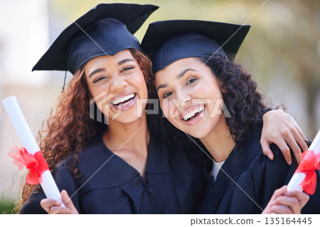Graduation, hug and portrait of friends at college with diploma certificate for learning, scholarship and achievement. Study, education and university with students on campus for success and event Graduation, hug and portrait of friends at college with diploma certificate for learning, scholarship and achievement. Study, education and university with students on campus for success and event 135164445