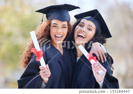 Graduation, learning and portrait of friends at college with diploma certificate for education, scholarship and achievement. Study, hug and university with women on campus for success and event 135164447
