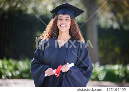 Graduation, happy and portrait of woman at college with diploma certificate for learning, scholarship or achievement. Study, goal and university with student on campus for success, education or event 135164495