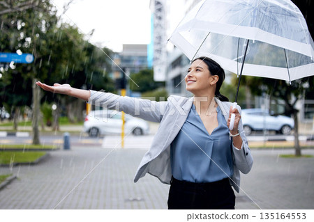 Rain, happy and woman in winter with an umbrella or cold weather in a city street or road and travel in urban town. Corporate, young and employee walking in happiness with a smile in the morning 135164553