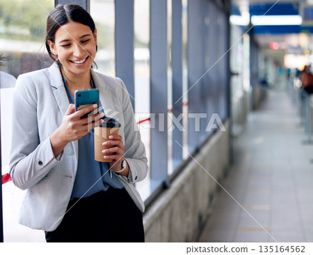 Business woman on coffee break, smartphone and contact with communication and smile at meme on social media. Happy female worker, travel and online mobile chat with space and relax with drink Business woman on coffee break, smartphone and contact with communication and smile at meme on social media. Happy female worker, travel and online mobile chat with space and relax with drink 135164562