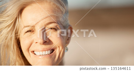 Face, smile and mature woman outdoor with space for freedom, mockup or travel in summer. Portrait and beauty of happy female person in nature for motivation, health and retirement holiday or vacation Face, smile and mature woman outdoor with space for freedom, mockup or travel in summer. Portrait and beauty of happy female person in nature for motivation, health and retirement holiday or vacation 135164611